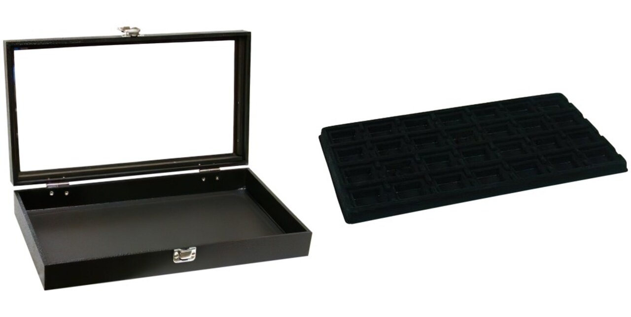 Black Glass-top Jewelry Case (Single metal latch) w/ Black 28-slot Plastic Tray